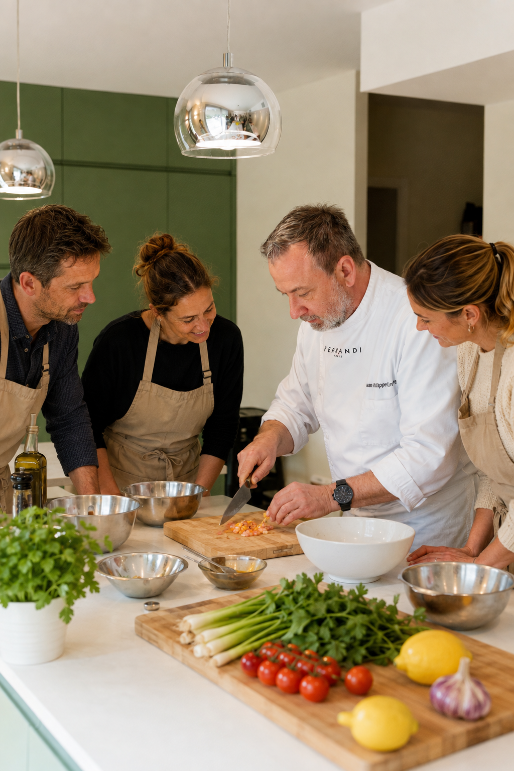 Chef Genfy guide trois participants pendant un atelier culinaire